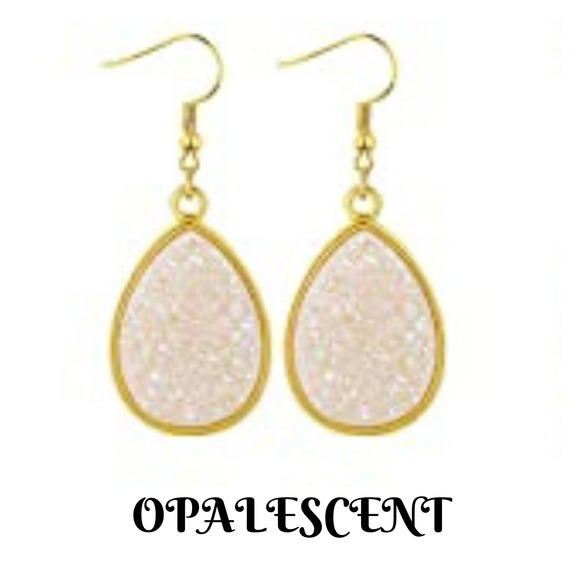 Boutique Jewelry - Dangle Sparkle Earrings Gold White Iridescent Shiny Earrings Drop Druzy Earring